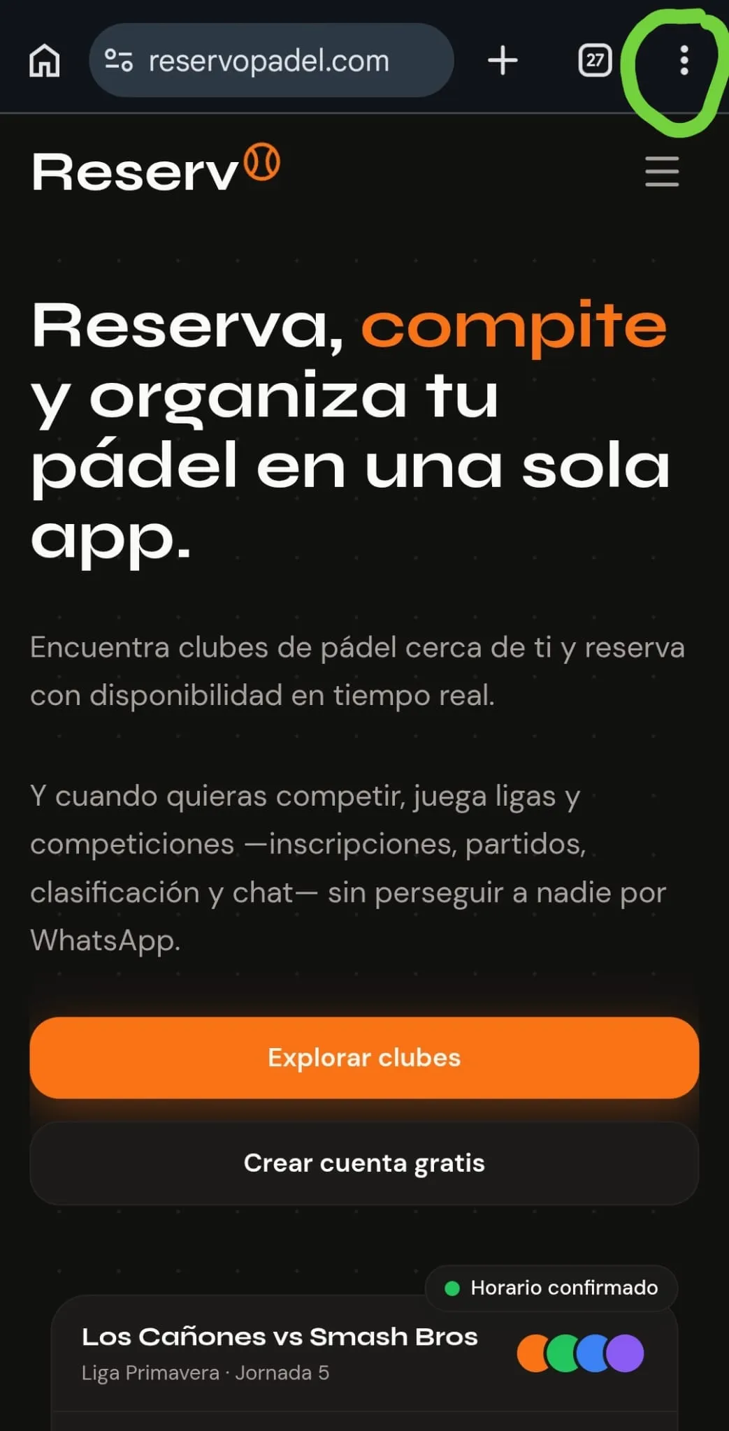 Página de inicio de Reservo con el botón de menú de Chrome (tres puntos) marcado en la esquina superior derecha